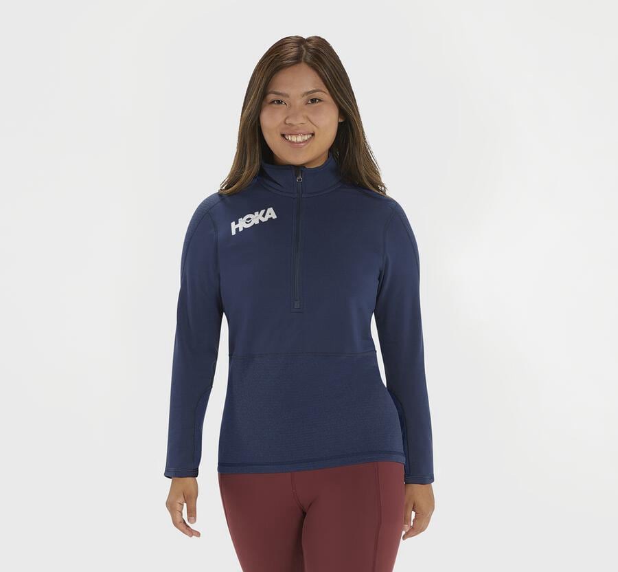 Hoka One One Top Damske Námornícka Modrá - 1/2 Zips Midlayer - 54239-XJRQ